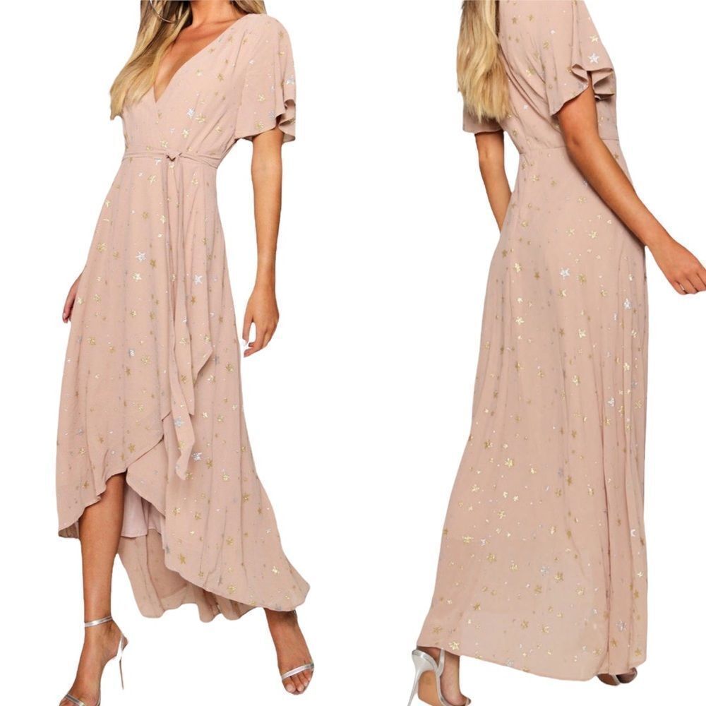 Boohoo metallic star print wrap maxi dress in blush